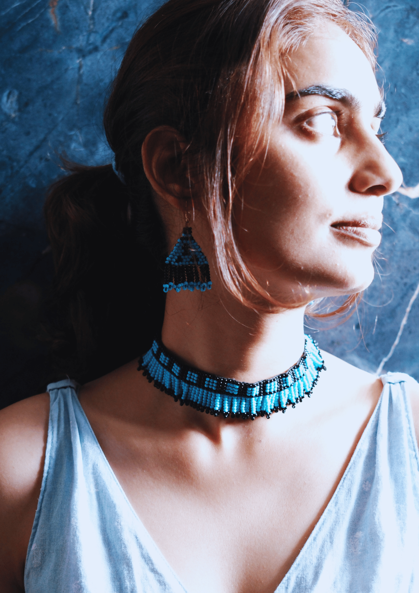 Midnight Sky - Black and Light Blue Earrings & Necklace