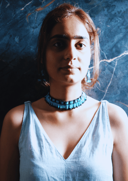 Midnight Sky - Black and Light Blue Earrings & Necklace