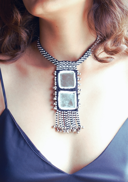 Mirror Mirage - Black and White Square Mirror Necklace