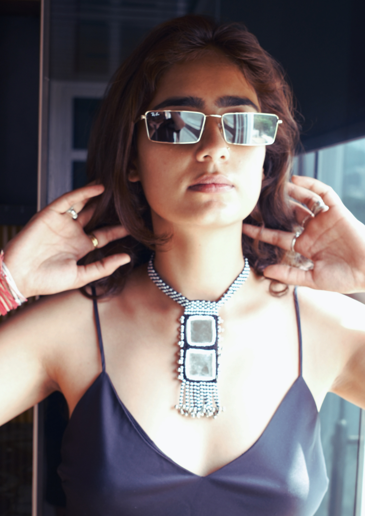 Mirror Mirage - Black and White Square Mirror Necklace