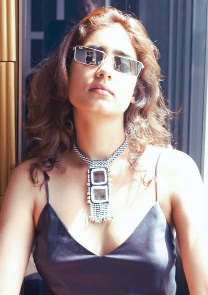 Mirror Mirage - Black and White Square Mirror Necklace