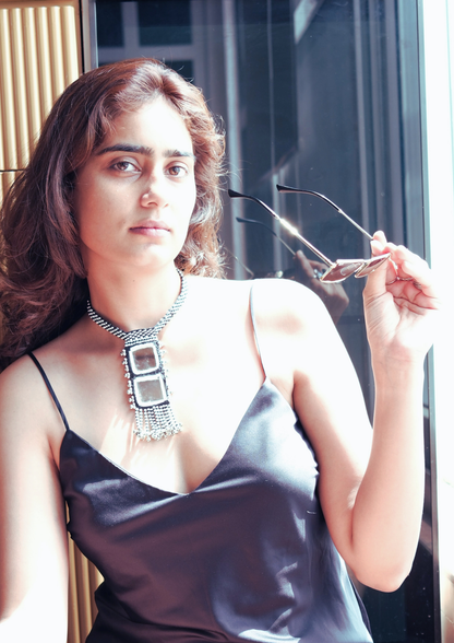 Mirror Mirage - Black and White Square Mirror Necklace