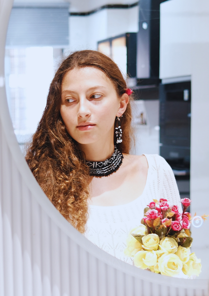Moonflower Harmony - Black and White Flower Earrings with Round Necklace